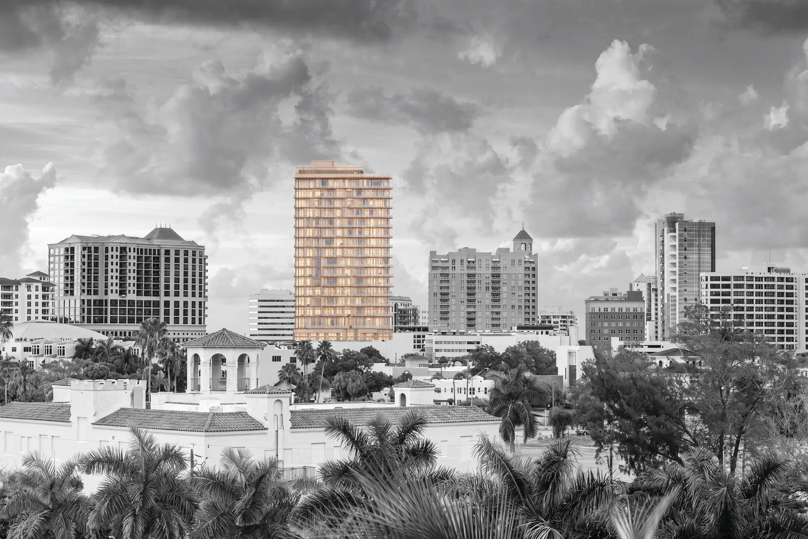 Black-and-white city skyline above palm trees