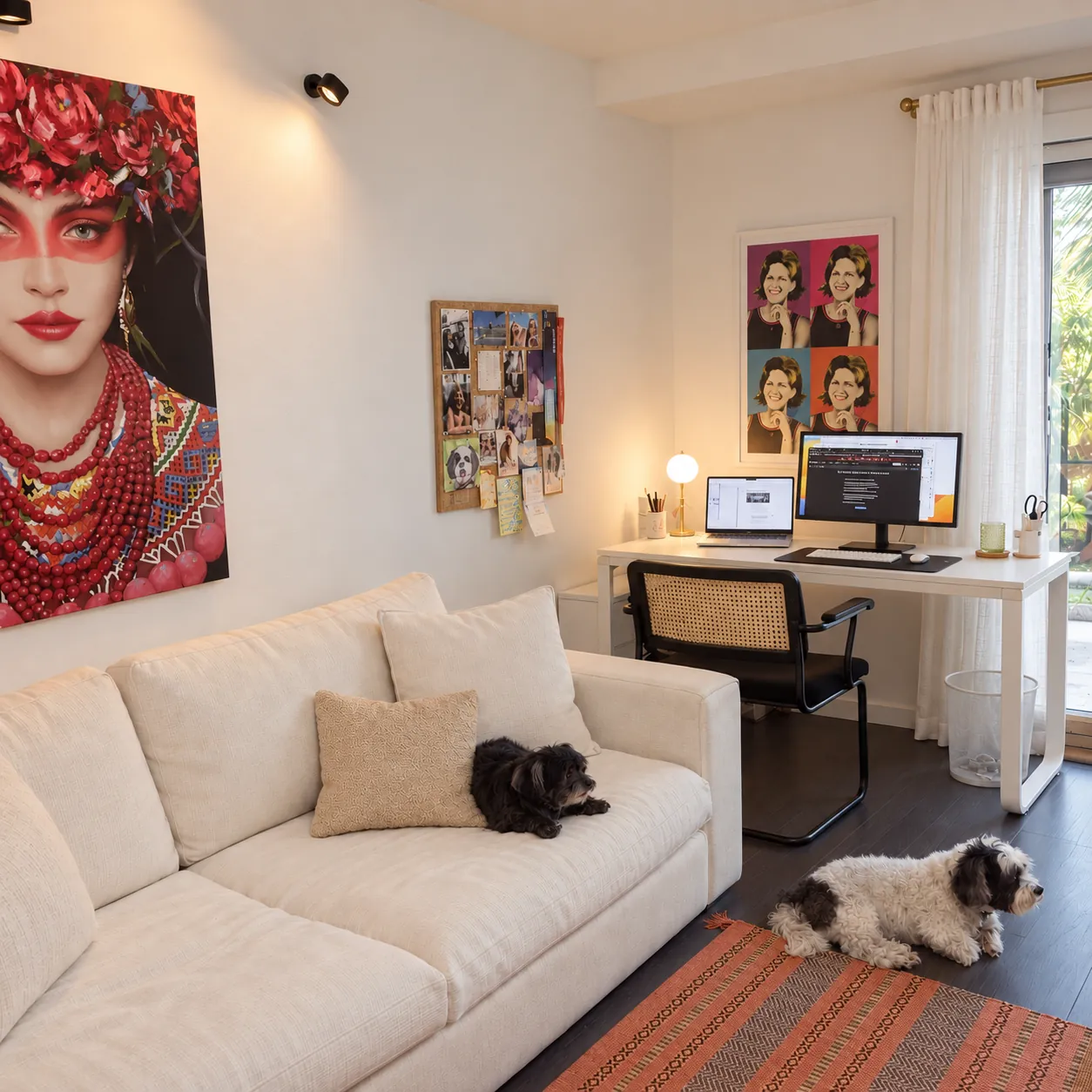 A home office with bold portrait artwork, a white sofa and two dogs