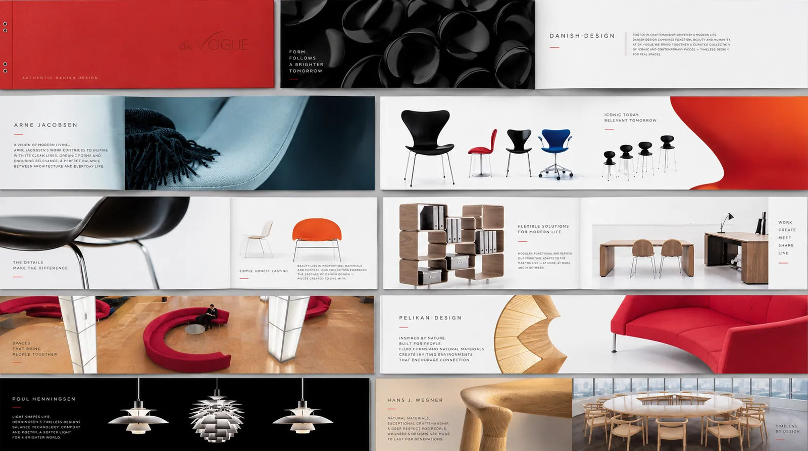 Spreads from a Danish furniture design brochure: Arne Jacobsen chairs, Poul Henningsen lamps and Hans J. Wegner pieces