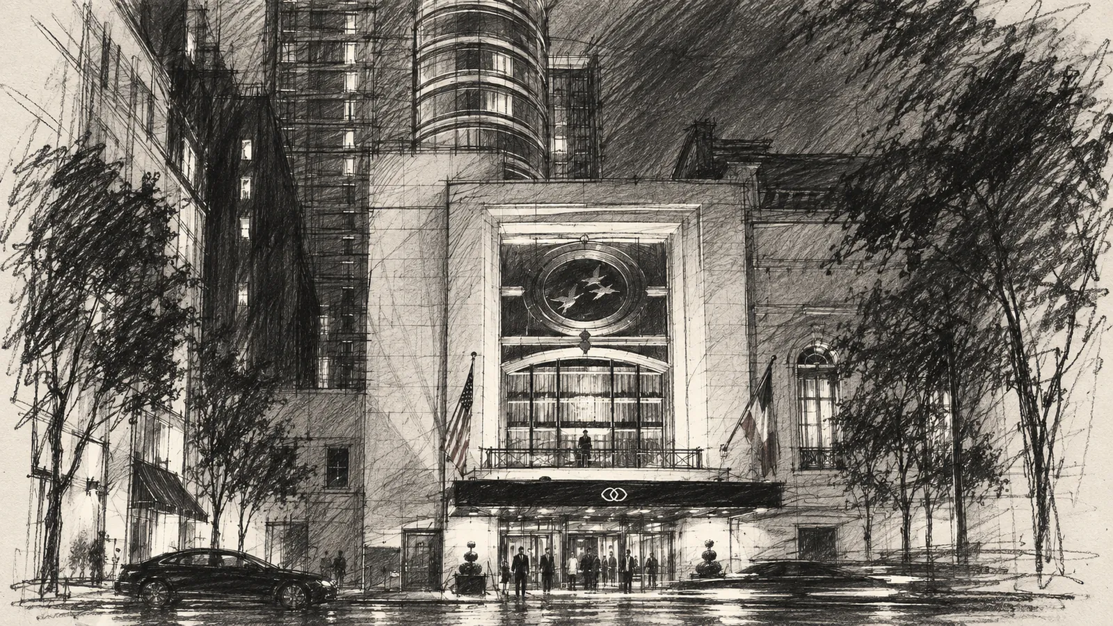 Pencil sketch of the Sofitel New York's entrance at night