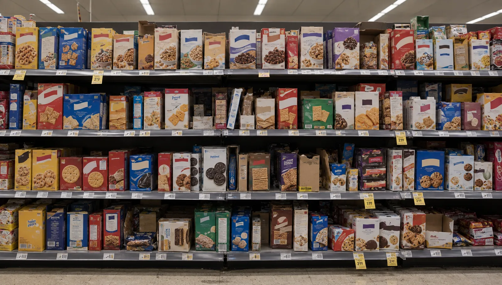 Supermarket shelves stocked with cereal boxes